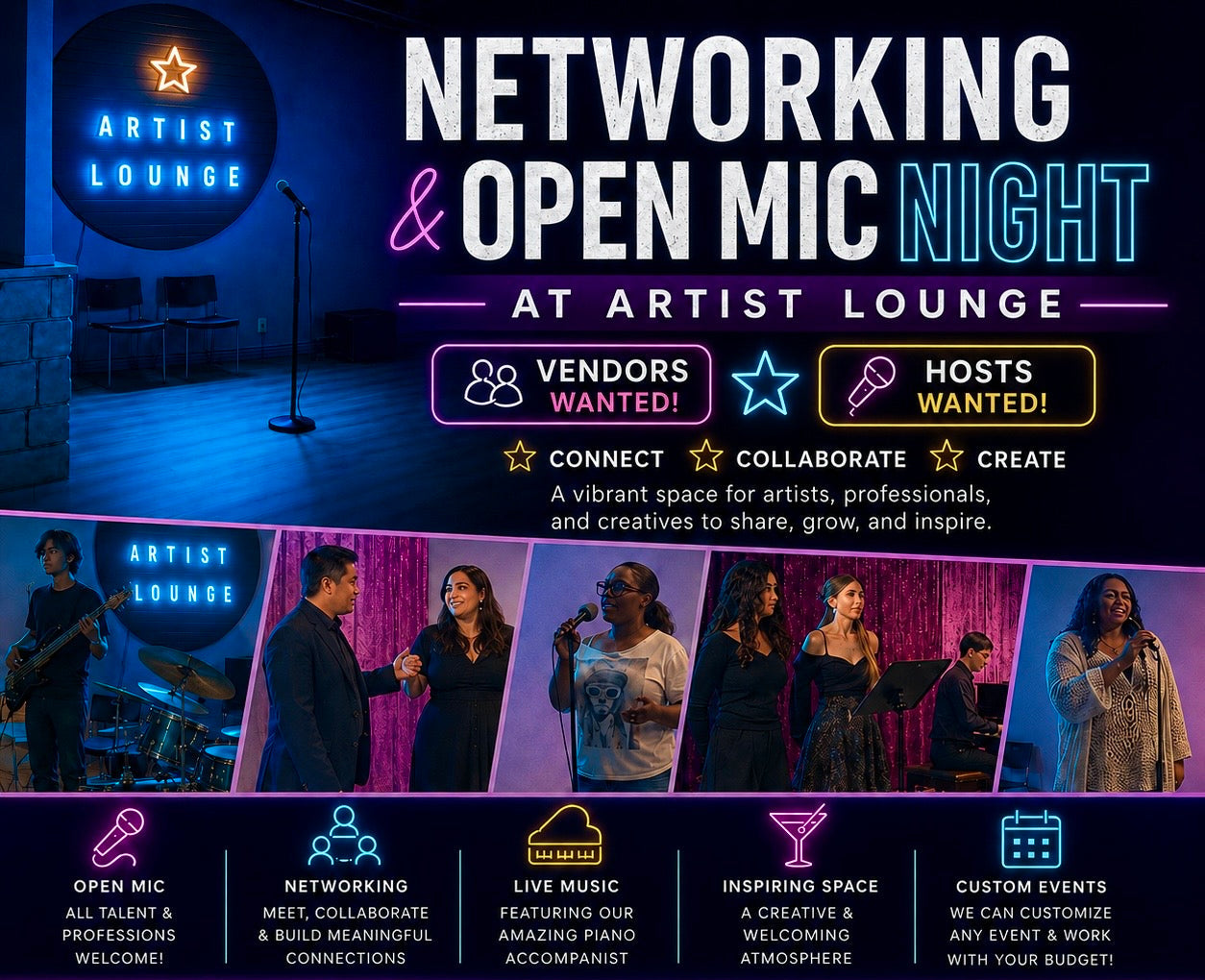 Promotional poster for Networking & Open Mic Night at Artist Lounge with event details and images of people interacting.